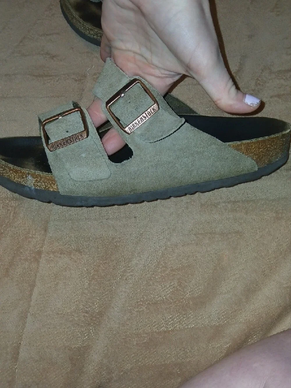 Birkenstock Olive Suede Double-Buckle Sandals with Bronze Buckles Sz: W 10 M 8
